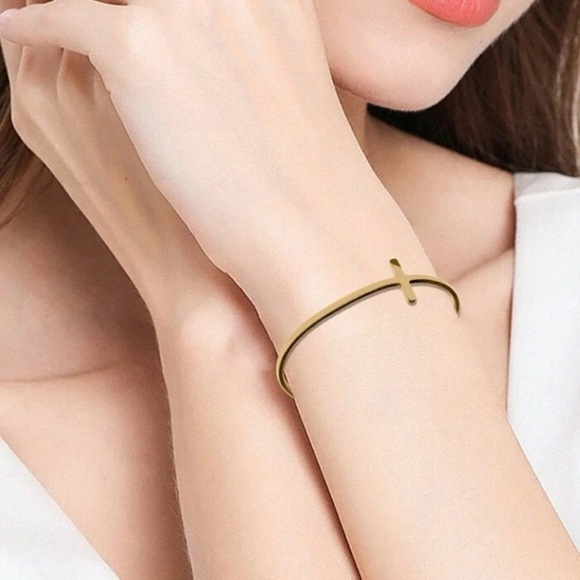 Gold Cross Cuff Bracelet, Unisex, Modern, Adjustable - Picture 3 of 3